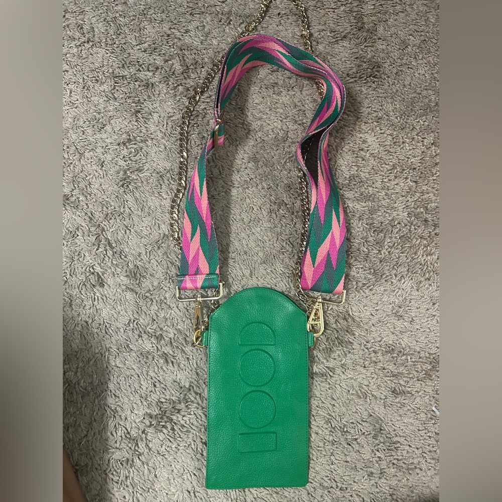 Green Crossbody Bag with Pink/Green Strap
